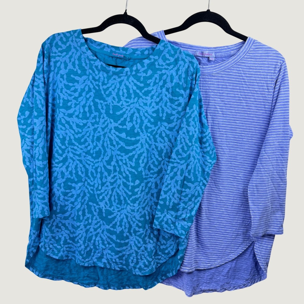 Fresh Produce Tops Set Two Women Medium Blue Purple Striped Floral Cotton